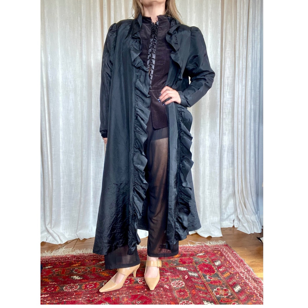 VINTAGE BLACK RUFFLE DUSTER COAT